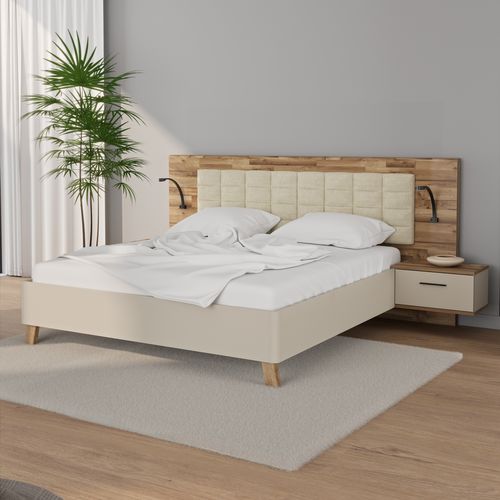 Lit 180x200cm chevets intégrés RICCIANO imitation chêne et grège