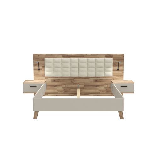 Lit 180x200cm chevets intégrés RICCIANO imitation chêne et grège