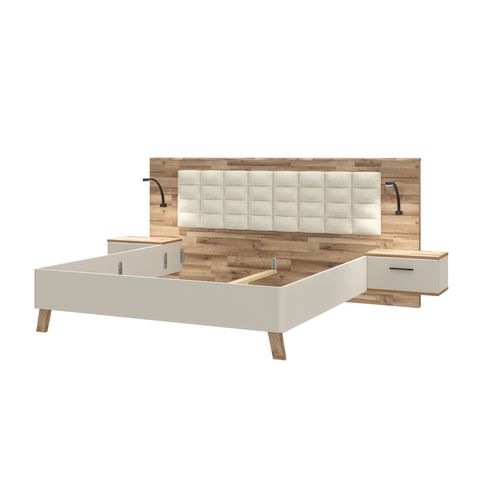 Lit 180x200cm chevets intégrés RICCIANO imitation chêne et grège