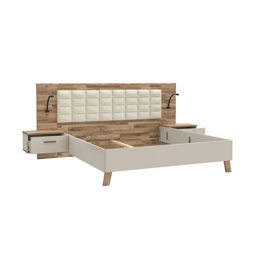 Lit 180x200cm chevets intégrés RICCIANO imitation chêne et grège