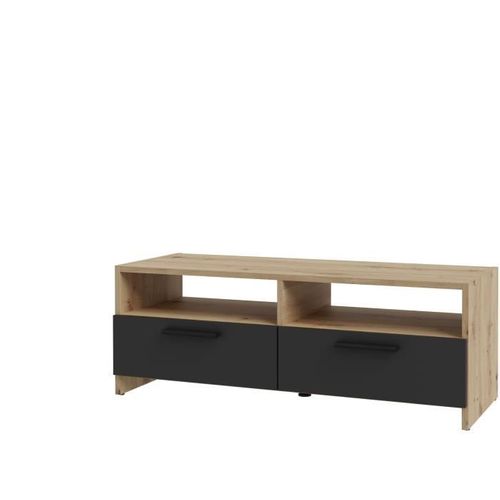 Meuble TV Pilvi - Décor Chêne Et Noir - 2 Abattants + 2 Niches - L 95 X P 36 X H 34,5 Cm