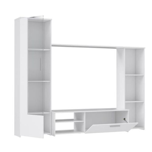 Meuble TV Paroi Pilvi - Particules Mélaminé -décor Blanc Mat - Porte Vitrée + 1 Abattant + 5 Niches