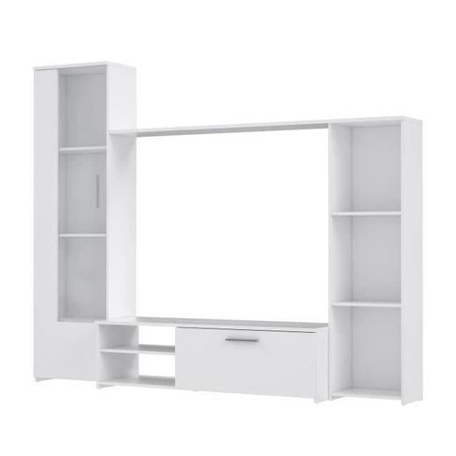 Meuble TV Paroi Pilvi - Particules Mélaminé -décor Blanc Mat - Porte Vitrée + 1 Abattant + 5 Niches