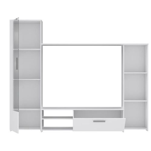 Meuble TV Paroi Pilvi - Particules Mélaminé -décor Blanc Mat - Porte Vitrée + 1 Abattant + 5 Niches
