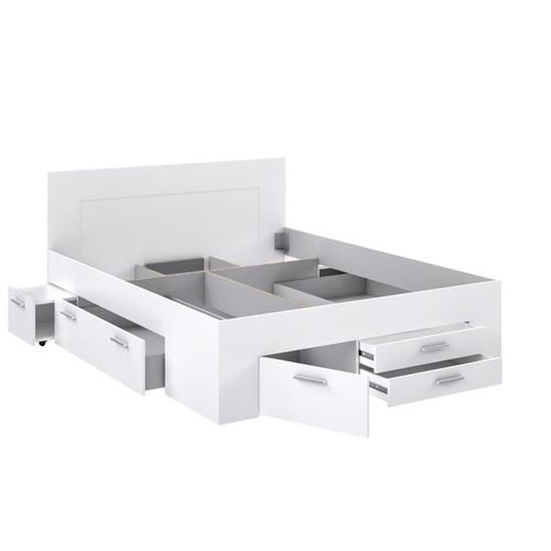 Lit Adulte Contemporain 160x200 Cm - 4 Tiroirs - 2 Chevets Avec Niche - Décor Blanc Mat - Udine