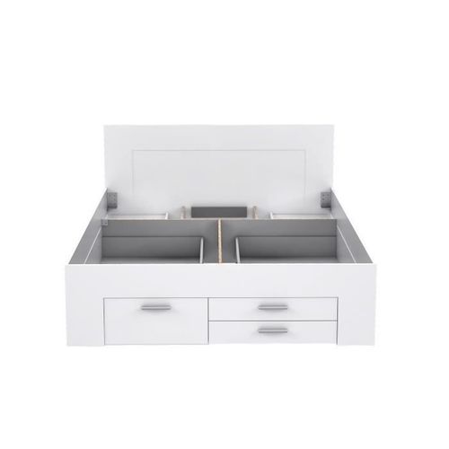 Lit Adulte Contemporain 160x200 Cm - 4 Tiroirs - 2 Chevets Avec Niche - Décor Blanc Mat - Udine