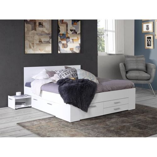 Lit Adulte Contemporain 160x200 Cm - 4 Tiroirs - 2 Chevets Avec Niche - Décor Blanc Mat - Udine