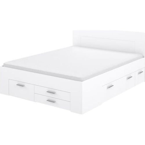 Lit Adulte Contemporain 160x200 Cm - 4 Tiroirs - 2 Chevets Avec Niche - Décor Blanc Mat - Udine