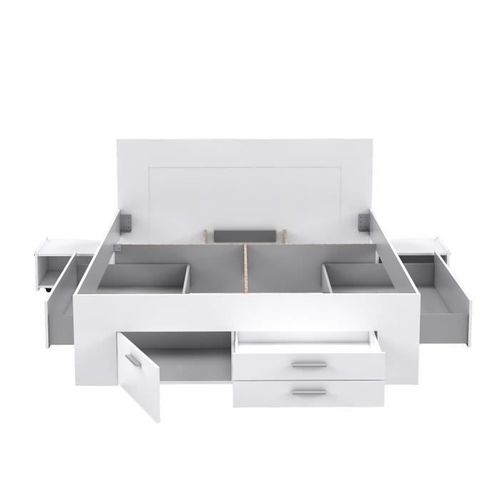 Lit Adulte Contemporain 160x200 Cm - 4 Tiroirs - 2 Chevets Avec Niche - Décor Blanc Mat - Udine