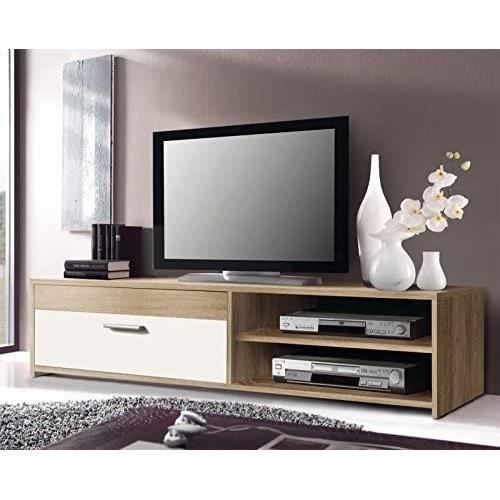 Meuble TV Pilvi - Particules Mélaminé - Chêne Et Blanc - 1 Abattant + 2 Niches - L120 X P42 X H32 Cm
