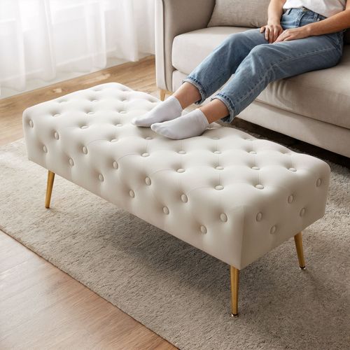 Bout De Lit En Velours Capitonné Monaco 100 Cm Beige