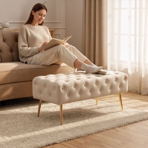 Bout De Lit En Velours Capitonné Monaco 100 Cm Beige