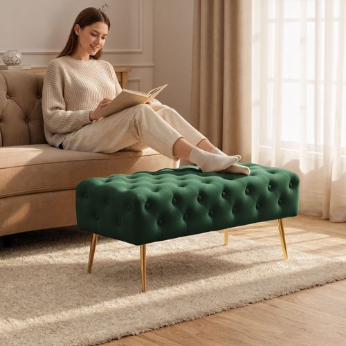 Bout De Lit En Velours Capitonné Monaco 100 Cm Vert Bouteille