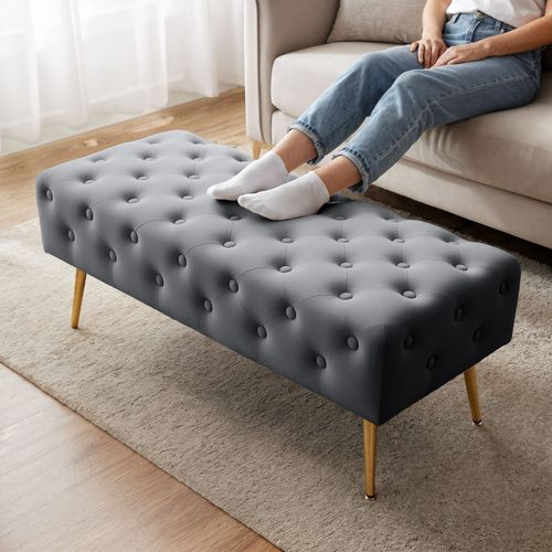 Bout De Lit En Velours Capitonné 100 Cm Monaco Gris Foncé