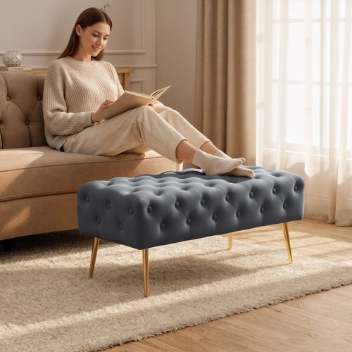 Bout De Lit En Velours Capitonné 100 Cm Monaco Gris Foncé