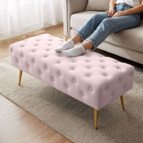 Bout De Lit En Velours Capitonné 100 Cm Monaco Rose Poudré