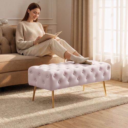 Bout De Lit En Velours Capitonné 100 Cm Monaco Rose Poudré