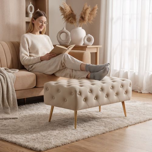 Bout De Lit En Velours Capitonné 80 Cm Madrid Beige