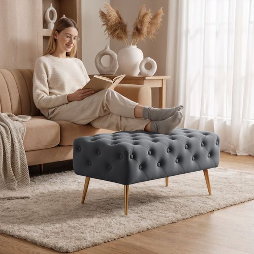 Bout De Lit En Velours Capitonné 80 Cm Madrid Gris Foncé