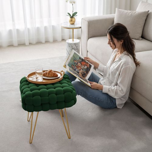 Tabouret En Velours Tressé Rembourré 38 Cm Dotty Vert Bouteille