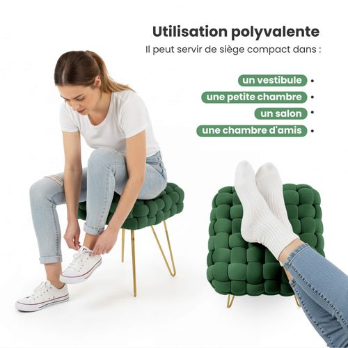 Tabouret En Velours Tressé Rembourré 38 Cm Dotty Vert Bouteille