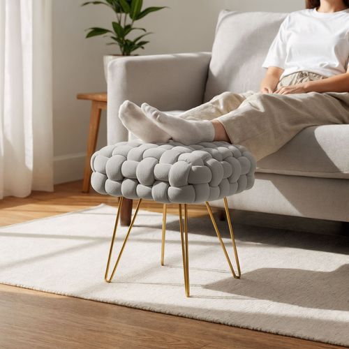 Tabouret En Velours Tressé Rembourré 38 Cm Dotty Gris Clair