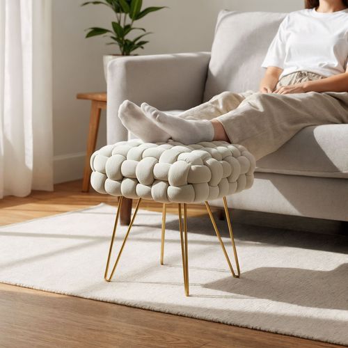 Tabouret En Velours Tressé Rembourré 38 Cm Dotty Crème