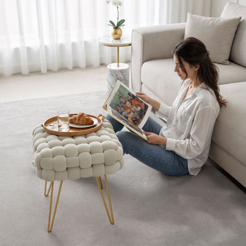 Tabouret En Velours Tressé Rembourré 38 Cm Dotty Crème