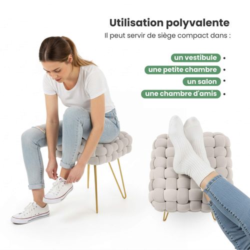 Tabouret En Velours Tressé Rembourré 38 Cm Dotty Crème