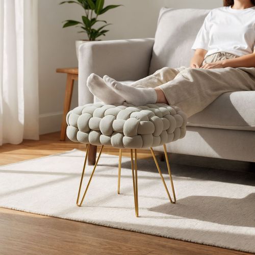 Tabouret En Velours Tressé Rembourré 38 Cm Dotty Or Beige