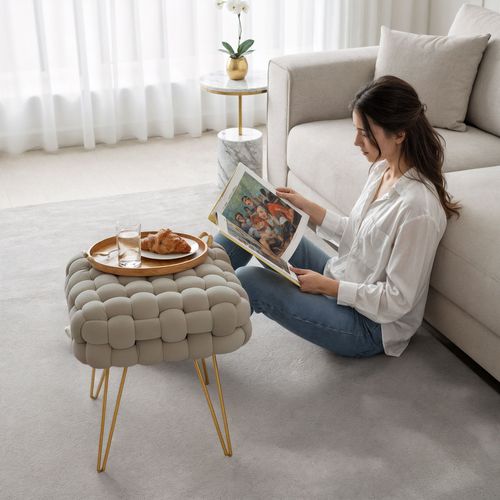 Tabouret En Velours Tressé Rembourré 38 Cm Dotty Or Beige