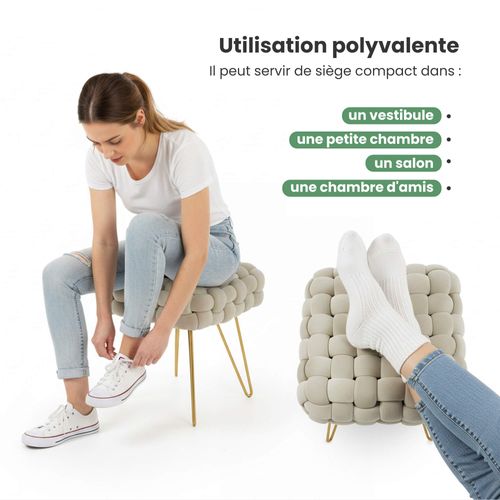 Tabouret En Velours Tressé Rembourré 38 Cm Dotty Or Beige