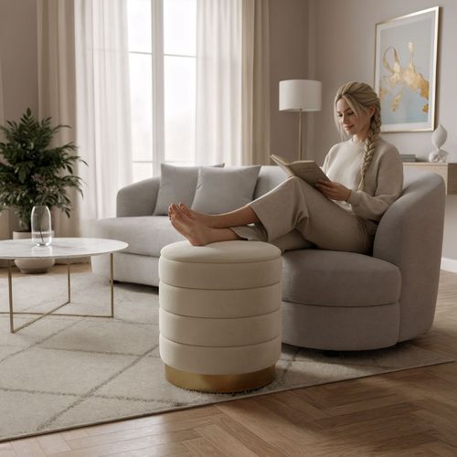 Tabouret Rembourré En Velours Avec Rangement 40 Cm Luna Crème