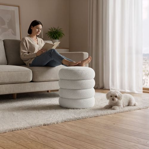 Tabouret En Tissu Teddy Avec Rangement 42 Cm Snuggo Blanc Brumeux