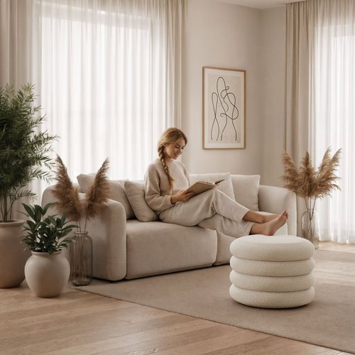 Tabouret En Tissu Teddy Avec Rangement 55 Cm Mollis Blanc Brumeux