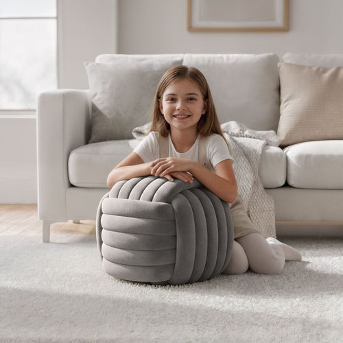 Pouf Tressé En Velours 53 Cm Nilo Gris Clair