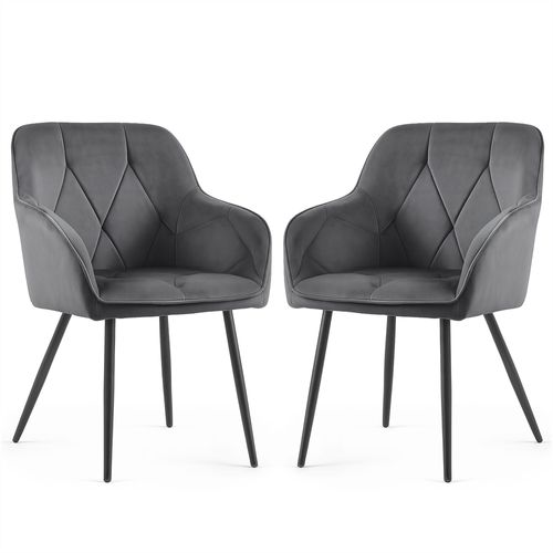 Lot De 2 Chaises En Velours Matelassées Diamante Anthracite Pieds Noirs