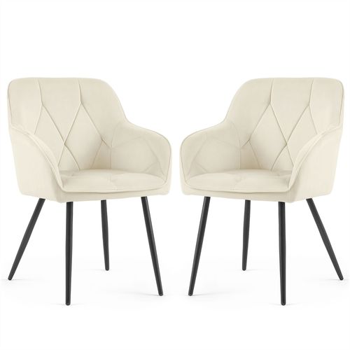 Lot De 2 Chaises En Velours Matelassées Diamante Crème Pieds Noirs