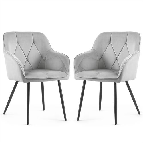 Lot De 2 Chaises En Velours Matelassées Diamante Gris Pieds Noirs