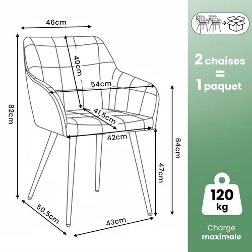 Lot De 2 Chaises Rembourrées à Surpiqûres Carrées Luxano Gris Clair Pieds Noirs Tissu Lumos