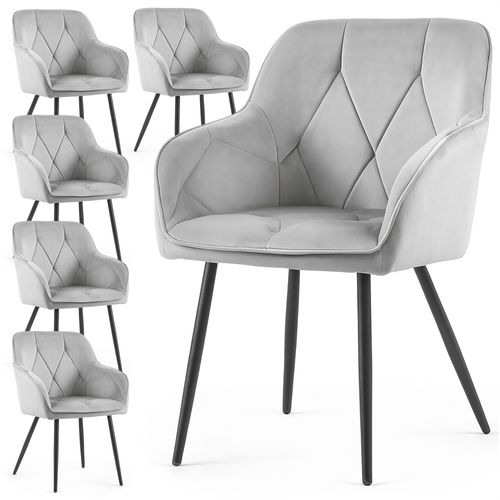 Lot De 6 Chaises En Velours Matelassées Diamante Gris Pieds Noirs