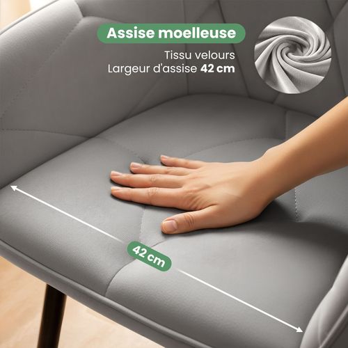Lot De 6 Chaises En Velours Matelassées Diamante Gris Pieds Noirs