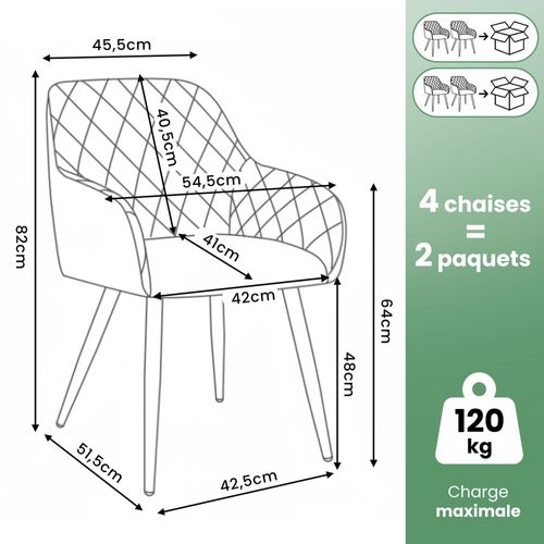 Lot De 4 Chaises En Velours Matelassées En Losanges Velto Gris Pieds Noirs