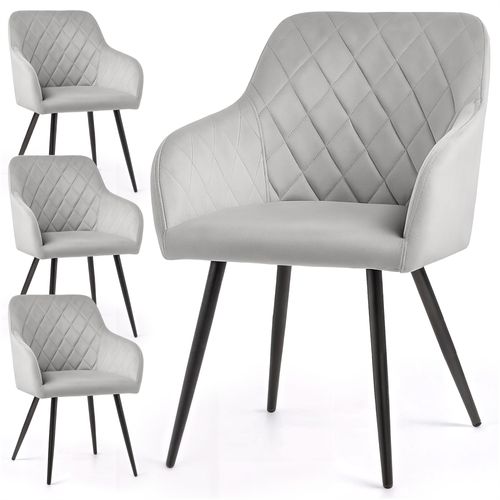 Lot De 4 Chaises En Velours Matelassées En Losanges Velto Gris Pieds Noirs