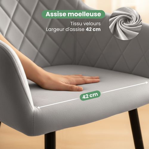 Lot De 4 Chaises En Velours Matelassées En Losanges Velto Gris Pieds Noirs