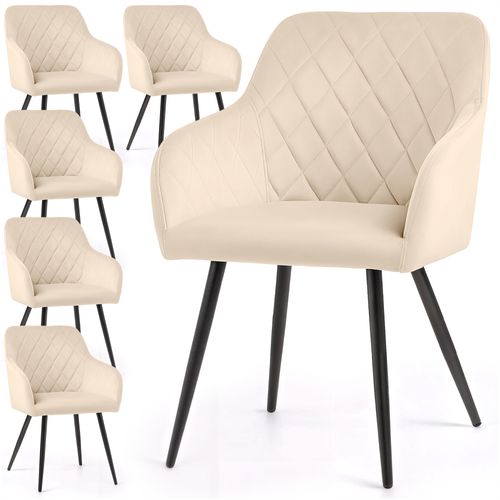 Lot De 6 Chaises En Velours Matelassées En Losanges Velto Beige Pieds Noirs