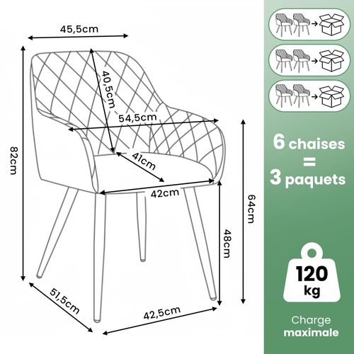 Lot De 6 Chaises En Velours Matelassées En Losanges Velto Gris Pieds Noirs