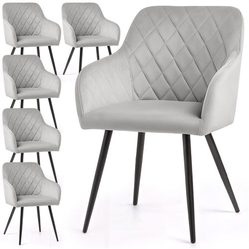 Lot De 6 Chaises En Velours Matelassées En Losanges Velto Gris Pieds Noirs