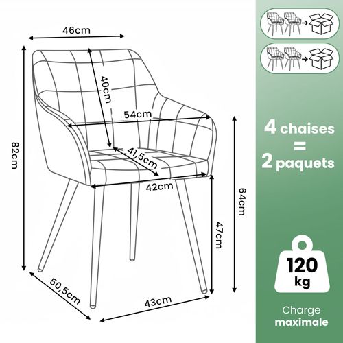 Lot De 4 Chaises Rembourrées à Surpiqûres Carrées Luxano Gris Pieds Noirs