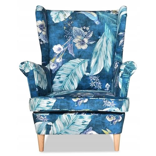 Fauteuil à Oreilles Scandinave Ari Print - Turquoise, Imprimé De Fleurs Et De Feuilles